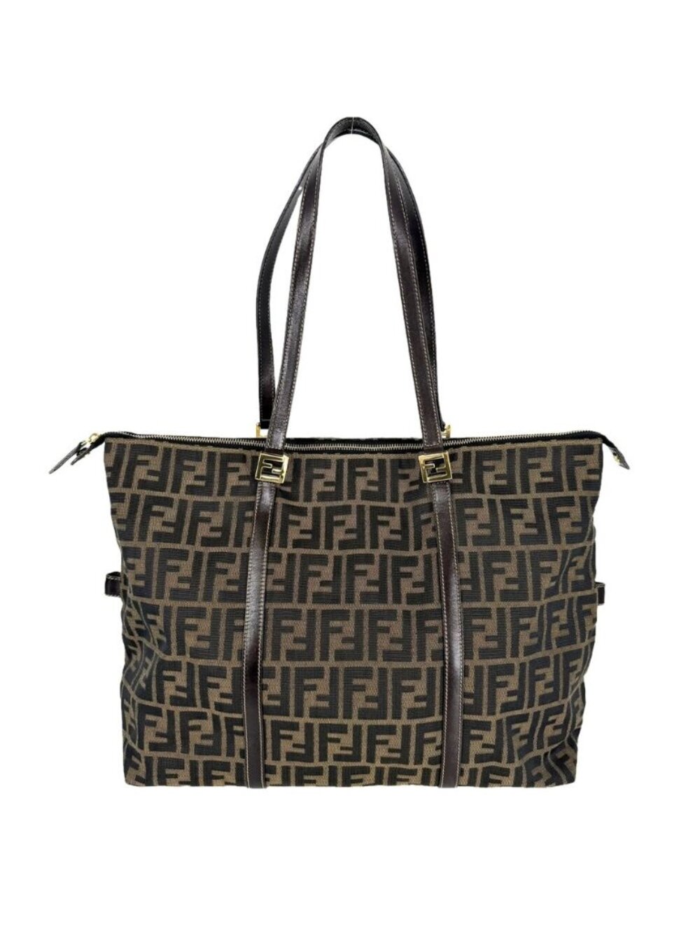Fendi Tote Zucca Zipper Shoulder Bag Canvas Leather Brown Gold